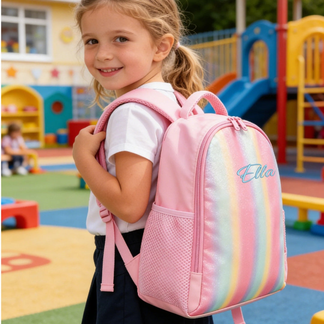 Personalized Rainbow Glitter Backpack, Custom Name Kids School Bag, Toddler Preschooler Bag