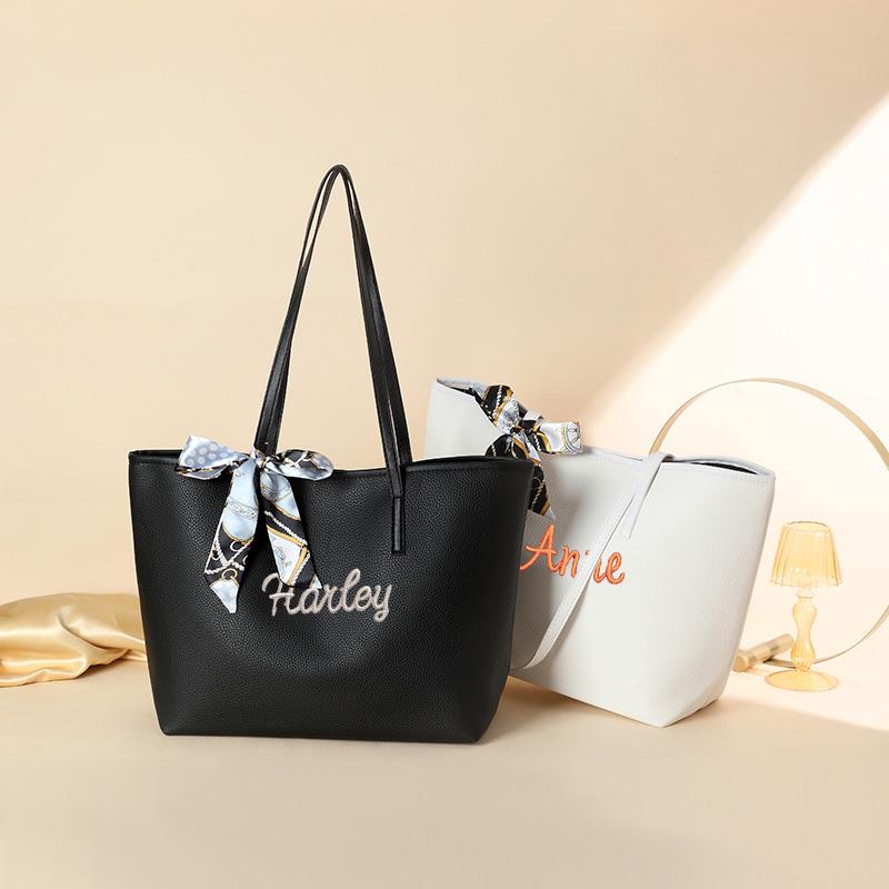 Personalized Embroidered Faux Leather Tote Bag: Custom Design Shoulder Bag