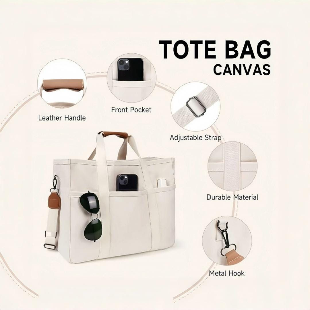 Personalized Embroidered Canvas Tote Bag: Multi-Pocket Organizer Handbag
