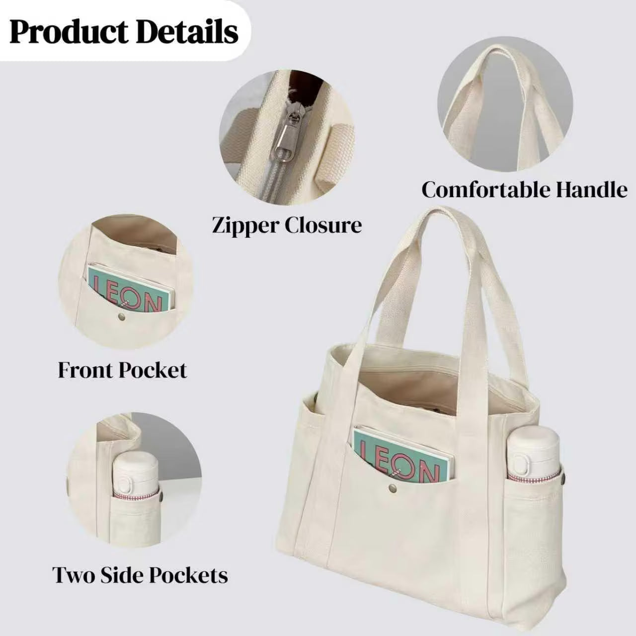 Personalized Embroidered Canvas Tote Bag: Custom Initial Zippered Bag