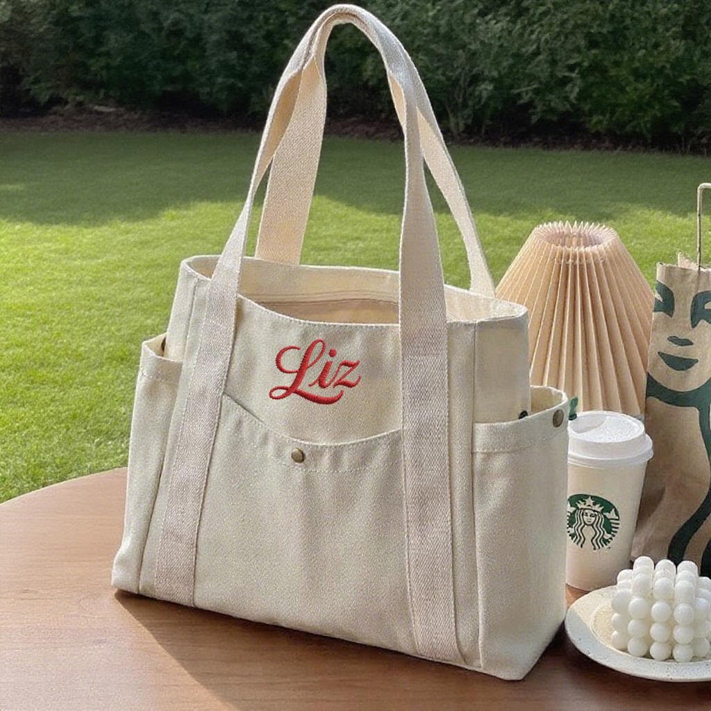 Personalized Embroidered Canvas Tote Bag: Custom Initial Zippered Bag