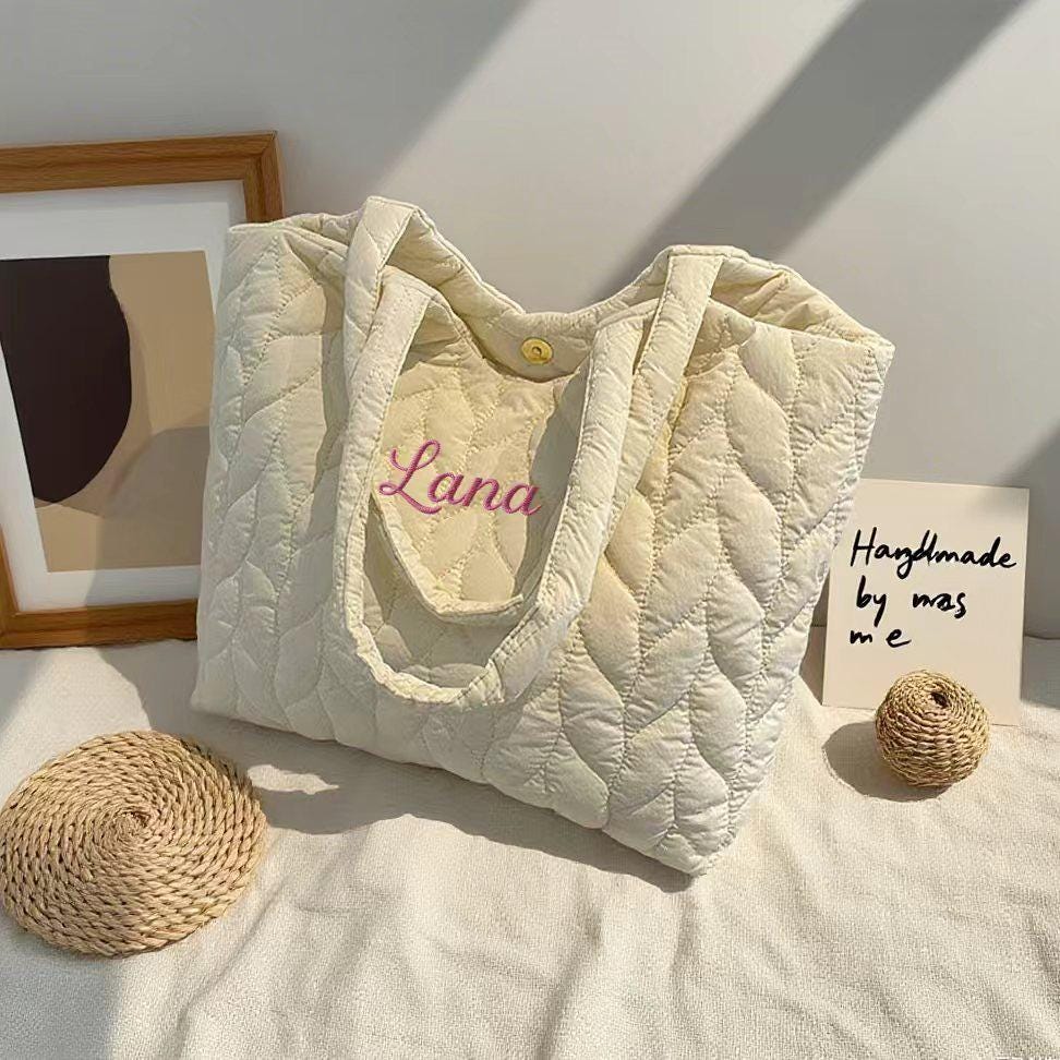 Custom Embroidered Quilted Nylon Tote Bag Personalized Women's Large Shoulder Bag Gift for her