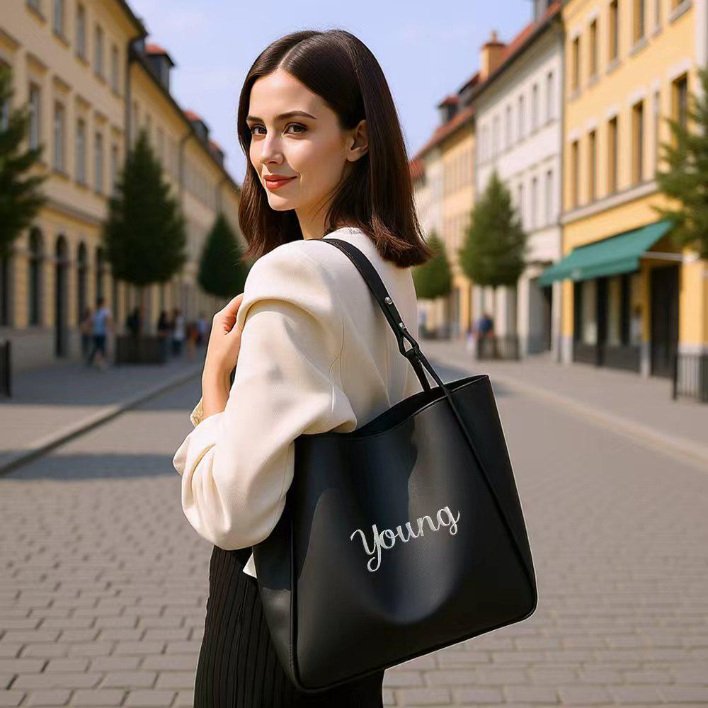 Personalized Faux Leather Tote Bag: Embroidered Oversized Shoulder Bag