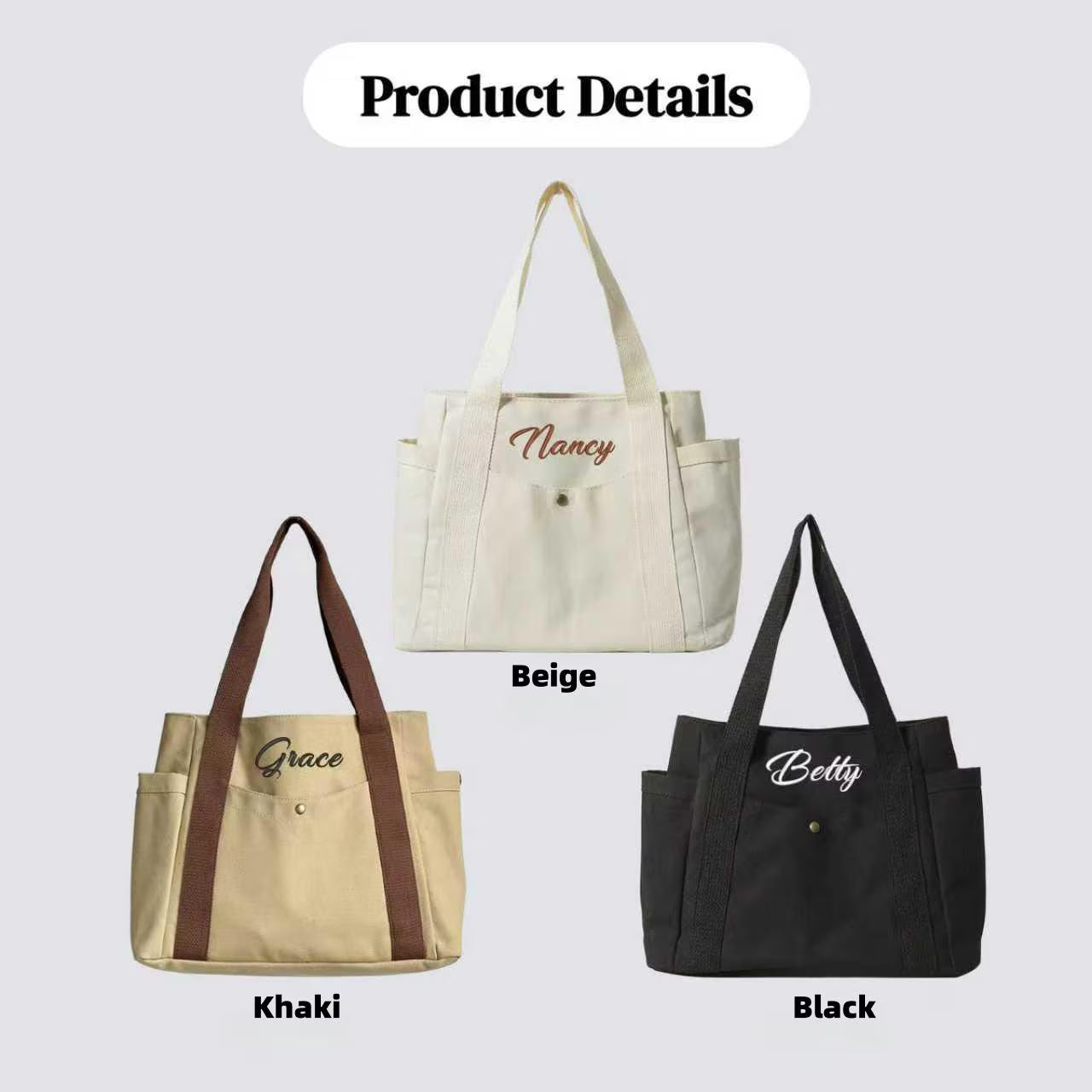 Personalized Embroidered Canvas Tote Bag: Custom Initial Zippered Bag